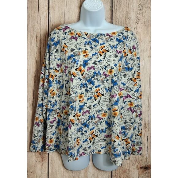 J. Jill Tops - J. Jill Butterflies Relaxed Boatneck Tee Sz XL Cotton Blouse Long-Sleeve Top